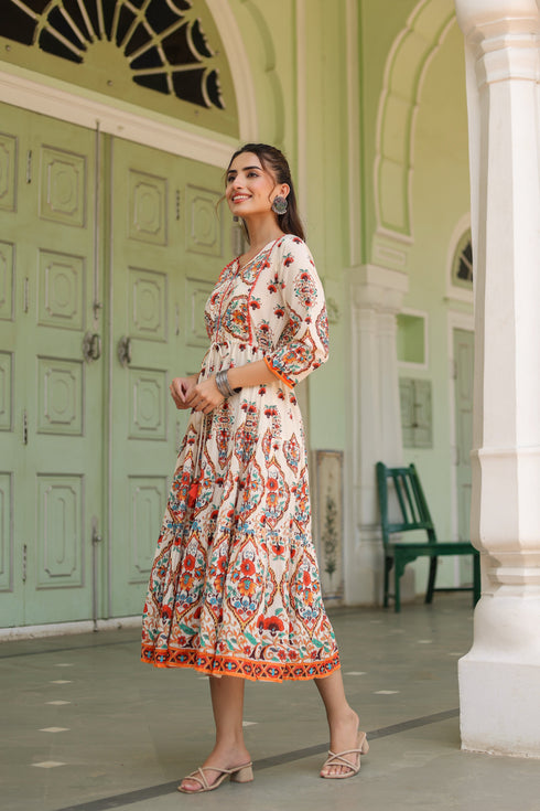 White Printed Fit & Flare Ethnic Dress
